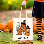 Personalized Cute Cartoon Character Pumpkin Design Canvas Tote Bag with Initial & Name Halloween Party Favor Gift for Kids