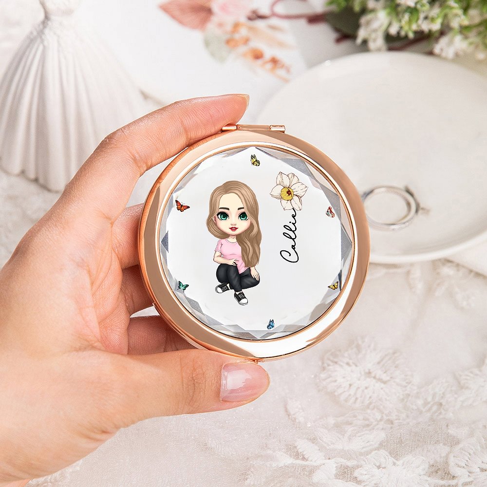 Miroir de maquillage compact de poche personnalisé avec fleur de naissance et nom Cadeau d'anniversaire et de mariage pour femmes filles