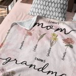 Personalized First Mom Now Grandma Birth Flower Pink Soft Throw Blanket with Name Christmas Mother's Day Home Decor Gift for Women