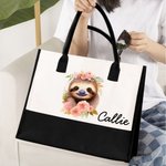 Personalized Cute Cartoon Floral Sloth Canvas Large Tote Bag with Name and Waterproof Liner Birthday Gift for Women Sloth Lovers