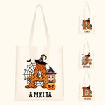 Personalized Cute Cartoon Character Pumpkin Design Canvas Tote Bag with Initial & Name Halloween Party Favor Gift for Kids