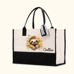 Personalized Cute Cartoon Floral Sloth Canvas Large Tote Bag with Name and Waterproof Liner Birthday Gift for Women Sloth Lovers