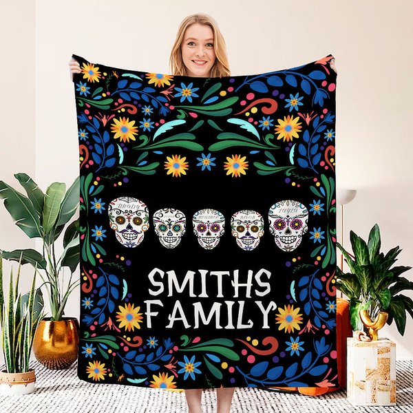 Couverture douillette mexicaine personnalisée avec nom Décoration gothique pour la maison Anniversaire Jour des Morts Cadeau pour la famille