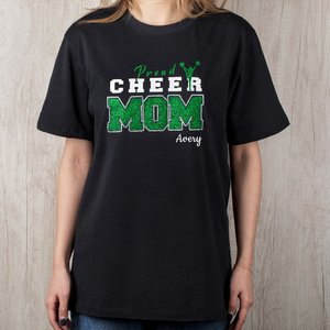 Personalisierte Glitter Bow Proud Cheer Mom 100% Baumwolle Kurzarm-T-Shirt mit Namen atmungsaktiv Multicolor verfügbar Spieltag Geschenk für Mama