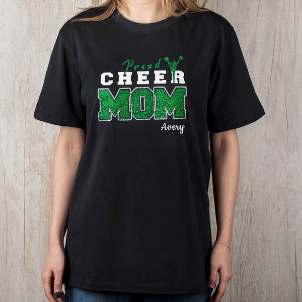 Glitter Proud Cheer Mom T-shirt with Name