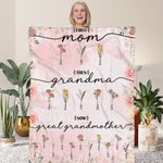 Personalized First Mom Now Grandma Birth Flower Pink Soft Throw Blanket with Name Christmas Mother's Day Home Decor Gift for Women