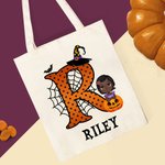 Personalized Cute Cartoon Character Pumpkin Design Canvas Tote Bag with Initial & Name Halloween Party Favor Gift for Kids