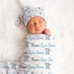 Personalized Blue Elephant Name Newborn Swaddle Blanket Hat Headband Set Baby Shower Photography Gift for Baby Boy