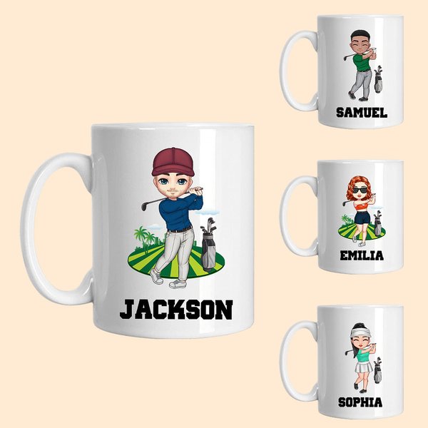 Personalized Cartoon Women Men Character 11oz Ceramic Mug with Name Golf Birthday Gift for Golf Lover
