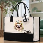 Personalized Cute Cartoon Floral Sloth Canvas Large Tote Bag with Name and Waterproof Liner Birthday Gift for Women Sloth Lovers