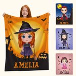 Personalized Devil Vampire Witch Cartoon Character Soft Throw Blanket with Name Home Decor Halloween Party Gift for Kids