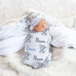 Personalized Blue Elephant Name Newborn Swaddle Blanket Hat Headband Set Baby Shower Photography Gift for Baby Boy