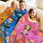 Personalized Cartoon Character Rainbow Birth Flower Soft Throw Blanket with Name Christmas Birthday Gift for Boys Girls Family