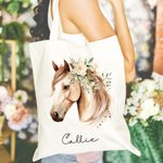Personalized Floral Horse Pattern Durable Canvas Tote Bag with Name Holiday Birthday Christmas Gift for Horse Lovers