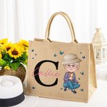 Personalised Woman Cartoon Character Butterfly Design Jute Tote Bag with Initial and Name Accessorie Retirement Birthday Gift for Grandma Mom