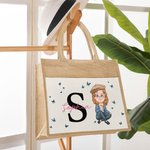 Personalised Woman Cartoon Character Butterfly Design Jute Tote Bag with Initial and Name Accessorie Retirement Birthday Gift for Grandma Mom