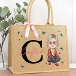 Personalised Woman Cartoon Character Butterfly Design Jute Tote Bag with Initial and Name Accessorie Retirement Birthday Gift for Grandma Mom