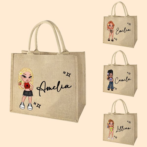 Sac en Toile de Jute Personnalisé avec Nom et Personnage de Fille des Années 2000 Cabas de Grande Capacité Cadeau d'Anniversaire pour Femmes Filles