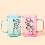 Personalised Birth Flower Name 17oz Glass Jelly Cup with Matching Lid and Clear Straw Everyday Enjoyment Birthday Mother's Day Gift for Women