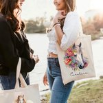 Personalized Floral Horse Pattern Durable Canvas Tote Bag with Name Holiday Birthday Christmas Gift for Horse Lovers