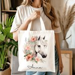 Personalized Floral Horse Pattern Durable Canvas Tote Bag with Name Holiday Birthday Christmas Gift for Horse Lovers