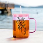 Personalised Birth Flower Name 17oz Glass Jelly Cup with Matching Lid and Clear Straw Everyday Enjoyment Birthday Mother's Day Gift for Women