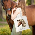 Personalized Floral Horse Pattern Durable Canvas Tote Bag with Name Holiday Birthday Christmas Gift for Horse Lovers