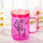 Personalised Birth Flower Name 17oz Glass Jelly Cup with Matching Lid and Clear Straw Everyday Enjoyment Birthday Mother's Day Gift for Women