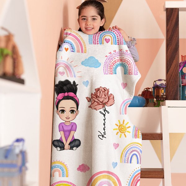 Personalized Cartoon Character Rainbow Birth Flower Soft Throw Blanket with Name Christmas Birthday Gift for Boys Girls Family