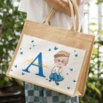 Personalised Woman Cartoon Character Butterfly Design Jute Tote Bag with Initial and Name Accessorie Retirement Birthday Gift for Grandma Mom
