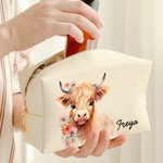 Personalized Leather Waterproof Flower Highland Cow Large Makeup Bag with Name Christmas Birthday Gift for Women Highland Cow Lovers