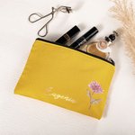 Borsa per il trucco personalizzata con nome, acquerello e fiore di nascita, regalo di compleanno essenziale per le donne.