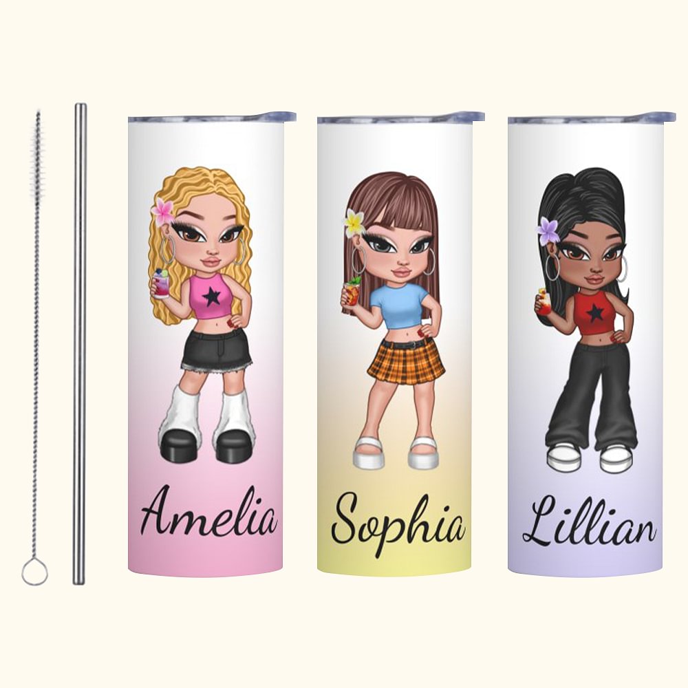 Gobelet en Couleur Dégradée 600ml Personnalisé avec Nom et Dessin de Fille Style Y2K Tumbler avec Brosse Paille Cadeau d'Anniversaire Noël pour Femmes