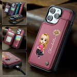 Personalized Cartoon Character Birth Flower Name Leather Flip Wallet Phone Case for iPhone with Card Holder RFID Blocking Gift for Family Friend
