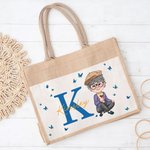 Personalised Woman Cartoon Character Butterfly Design Jute Tote Bag with Initial and Name Accessorie Retirement Birthday Gift for Grandma Mom