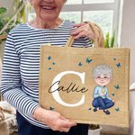Personalised Woman Cartoon Character Butterfly Design Jute Tote Bag with Initial and Name Accessorie Retirement Birthday Gift for Grandma Mom