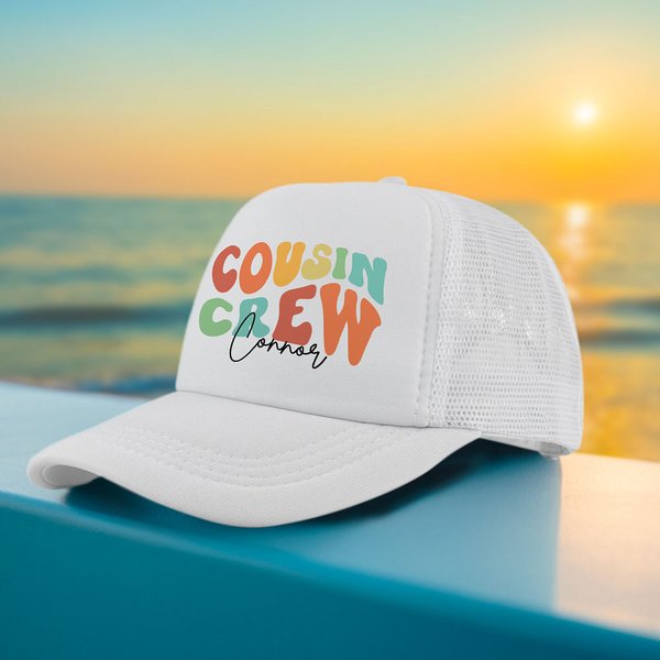 Personalised Colourful Letter Name Cousin Crew Lorryer Hat Mesh Baseball Cap with Adjustable Snapback Birthday Summer Gift for Family Kids