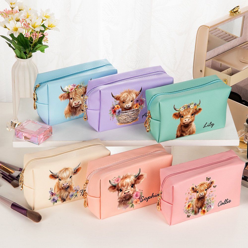 Trousse de Maquillage Personnalisée avec Nom et Motif de Vache Highland Sac Imperméable de Grande Capacité Cadeau Noël pour Femme