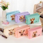 Personalized Leather Waterproof Flower Highland Cow Large Makeup Bag with Name Christmas Birthday Gift for Women Highland Cow Lovers