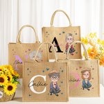 Personalised Woman Cartoon Character Butterfly Design Jute Tote Bag with Initial and Name Accessorie Retirement Birthday Gift for Grandma Mom