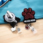 Personalized Glitter Dog Paw Print Nurse Badge Reel with Name and Paw Charm Nurse Week Birthday Gift for Dog Lovers Nurses Medical Staff