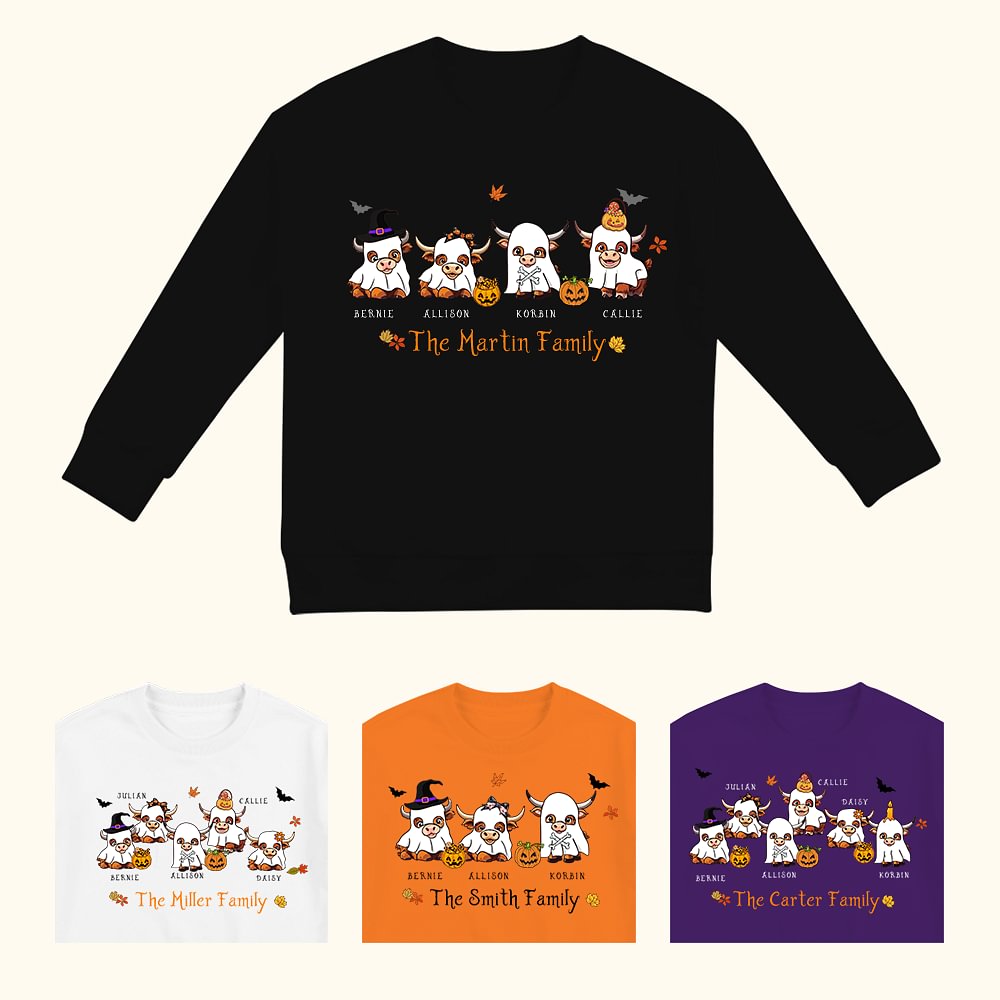 Sweatshirt adulte personnalisé avec 2-6 noms pour la sorcière, le fantôme et la vache Highland. Cadeau d'Halloween pour la famille et les amoureux de