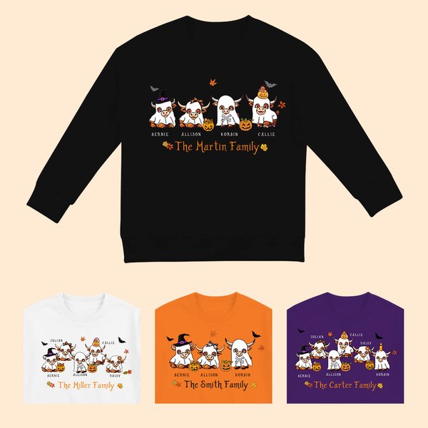 Felpa personalizzata per bambini adulti con 2-6 nomi, strega fantasma, mucca delle Highlands, regalo di benvenuto per gli amanti del costume di Hallow