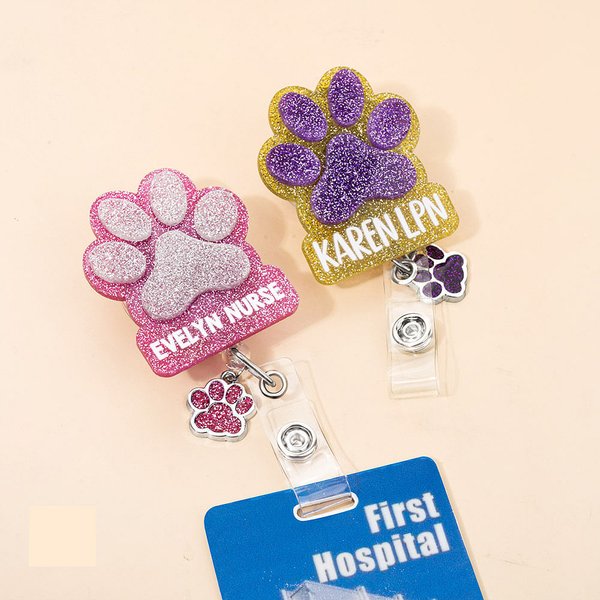 Personalised Glitter Dog Paw Print Nurse Badge Reel with Name and Paw Charm Nurse Week Birthday Gift for Dog Lovers Nurses Medical Staff