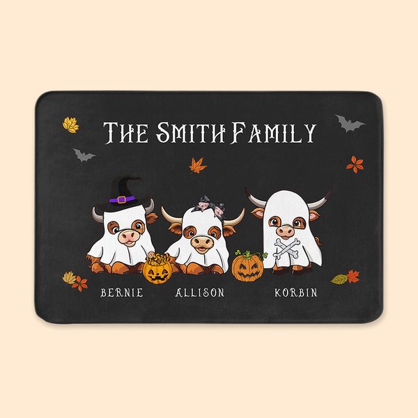 Personalized Cute Witch Ghost Highland Cow Non-Slip Welcome Doormat with Names Fall Halloween Home Decor Gift for Family Highland Cow Lovers