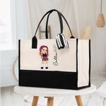 Personalised Y2K Cartoon Character Birth Flower Large Canvas Tote Bag with Name Friendship Birthday Gift for Women Girls