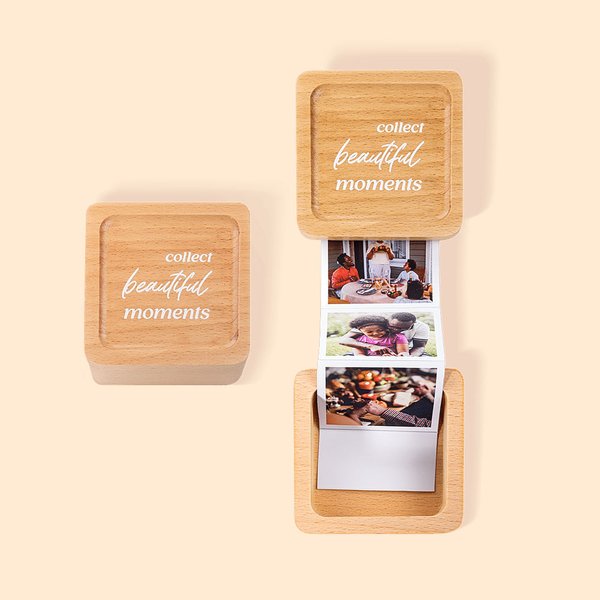 Álbum de fotos de acordeón de madera personalizado con texto caja de recuerdos para aniversario cumpleaños o regalo para familia o amigos