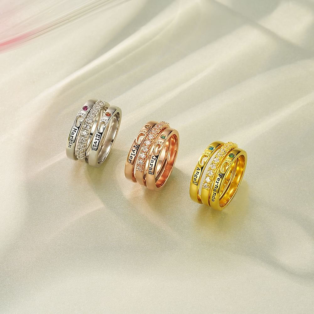 Bagues Personnalisées avec Pierres de Naissance et Noms Set de 3 Bagues Empiables Cadeau Anniversaire Noël pour Femme