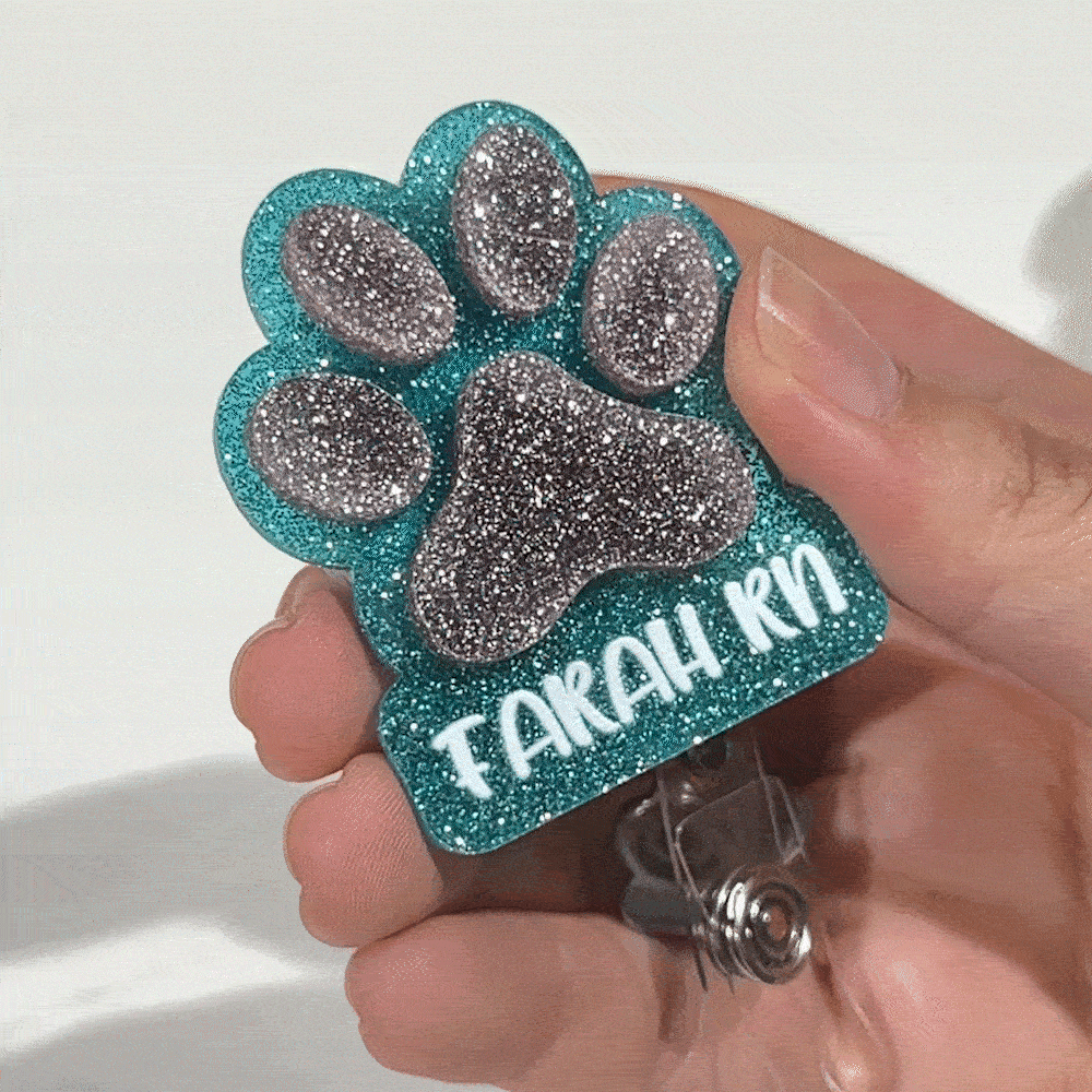 Personalized Glitter Dog Paw Print Nurse Badge Reel with Name and Paw Charm Nurse Week Birthday Gift for Dog Lovers Nurses Medical Staff