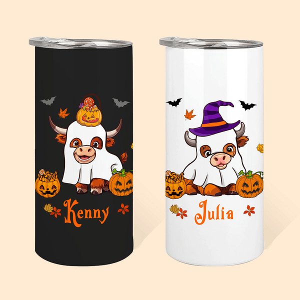 Personalized Cute Witch Ghost Highland Cow 15oz Insulated Name Tumbler with Lid and Straw Fall Halloween Gift for Kids Highland Cow Lovers